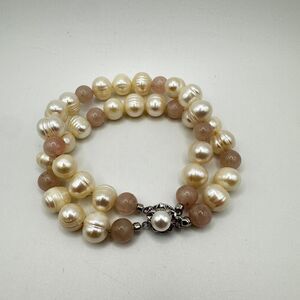 Big pearl, rose quartz double stranded bracelet with sterling silver clasp!
